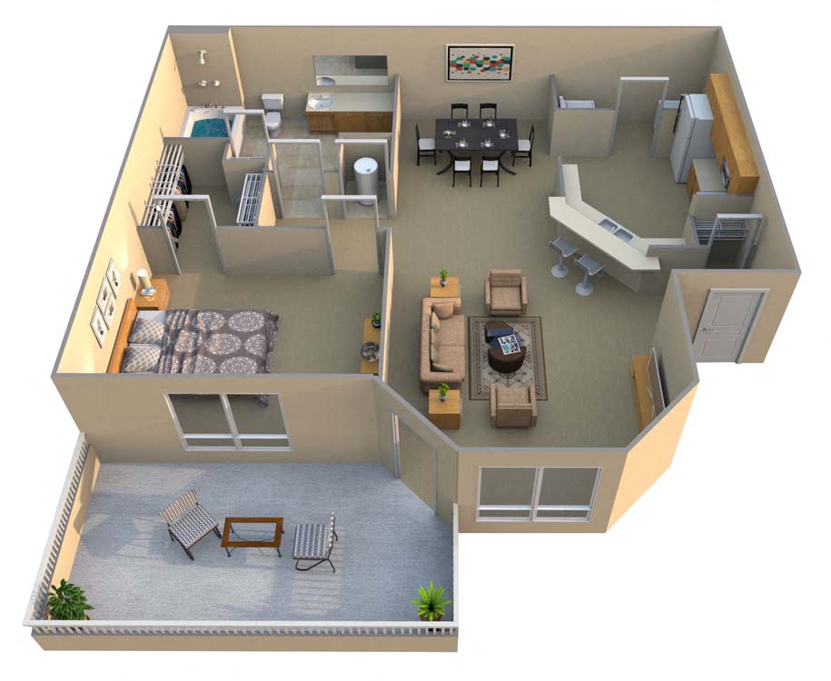 Floor plan for 1 bed, 1 bath, 860 sqft